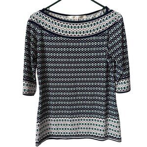 Max Studio Womens Geometric Patterned Top Navy & White size small